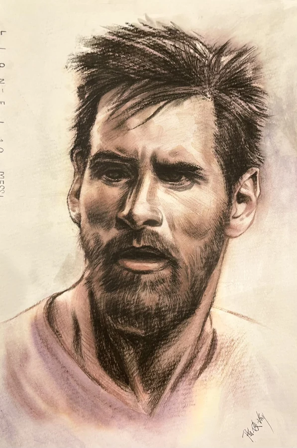 Portrait of a bearded man with swept hair, shaded in dark textured lines and muted pink and brown tones.