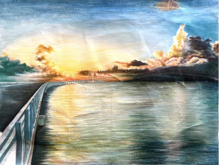A waterfront scene with a curving white-railed walkway, yellow-orange light reflected on blue-green water, and dramatic clouds.